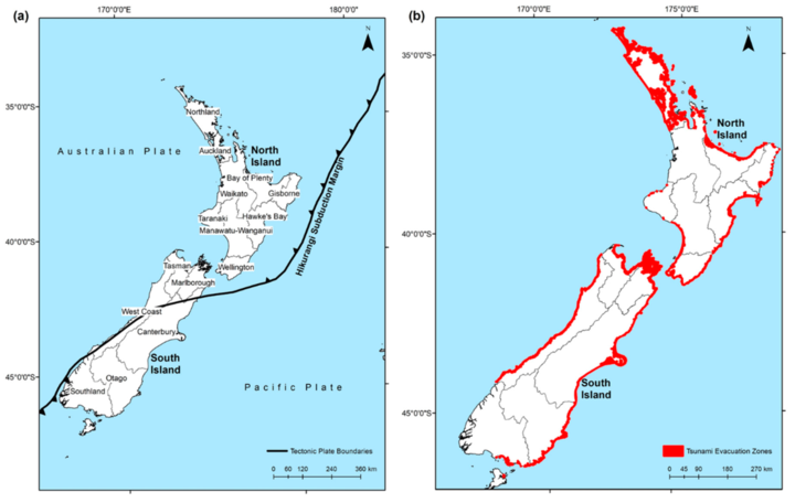 (a) New Zealand regional authority boundaries and (b) coastline coverage with mapped tsunami...