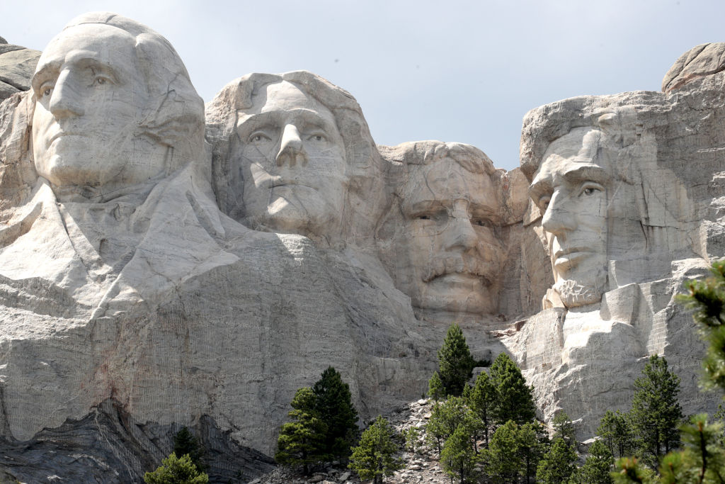 The busts of US presidents George Washington, Thomas Jefferson, Theodore Roosevelt and Abraham...