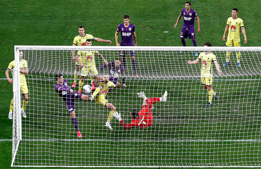 Action at the goalmouth from the Phoenix v Perth Glory match. Photo: Getty