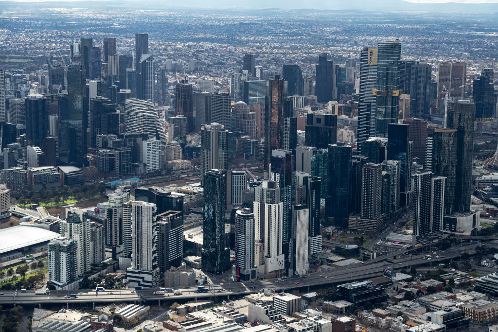 An aerial view of Melbourne's CBD under lockdown yesterday. Photo: Getty