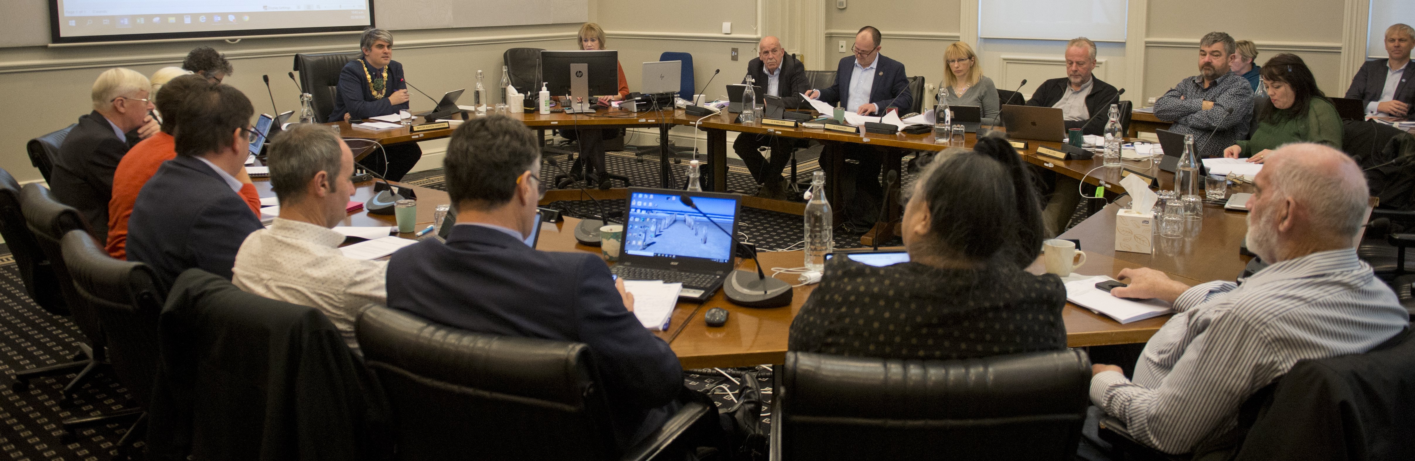 Dunedin Mayor Aaron Hawkins addresses Dunedin city councillors, Dunedin City Council staff and...