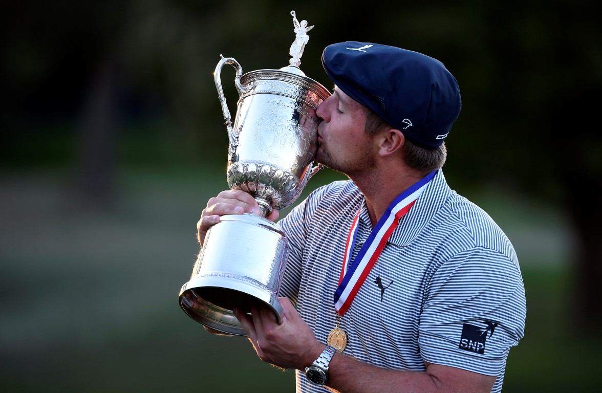 Bryson DeChambeau celebrates with the trophy after winning the US Open. Photo: Danielle...