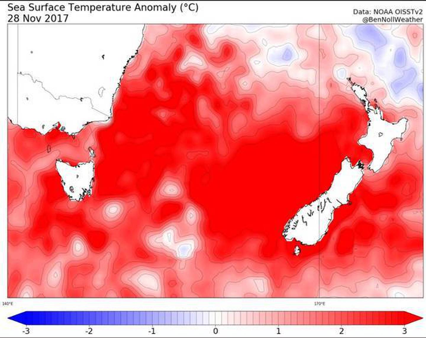 New Zealand's most severe marine heatwave, as observed in late November 2017. Image: Ben Noll, Niwa