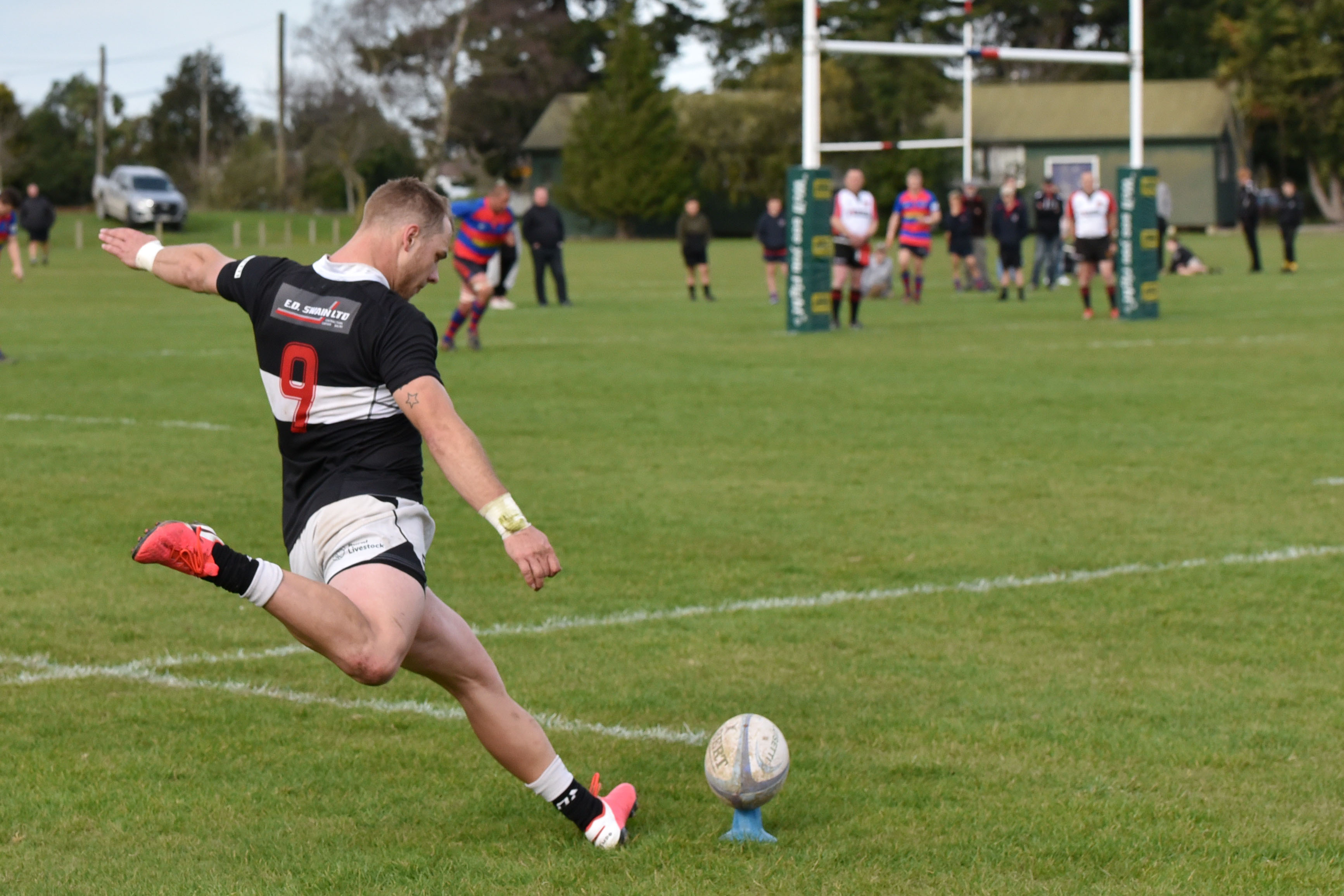 Waihora’s Harry Kirk attempts to nail a conversion. Photo: Karen Casey