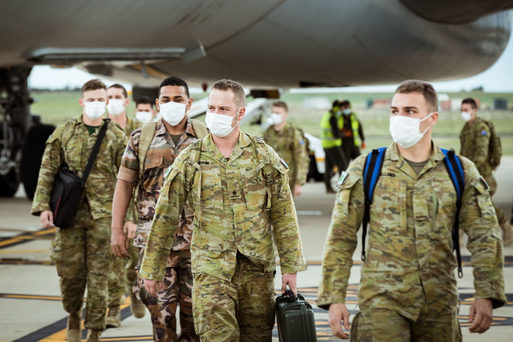 Australian Defence Force troops disembark at Avalon Airport In Geelong, Victoria. The troops have...