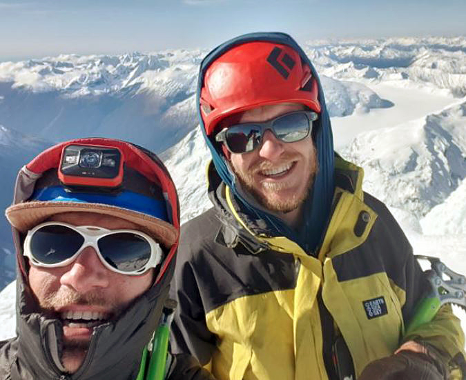 Melvin Krook and Andy Hoare (right) at the summit of Mt Aspiring. Photo: Melvin Krook