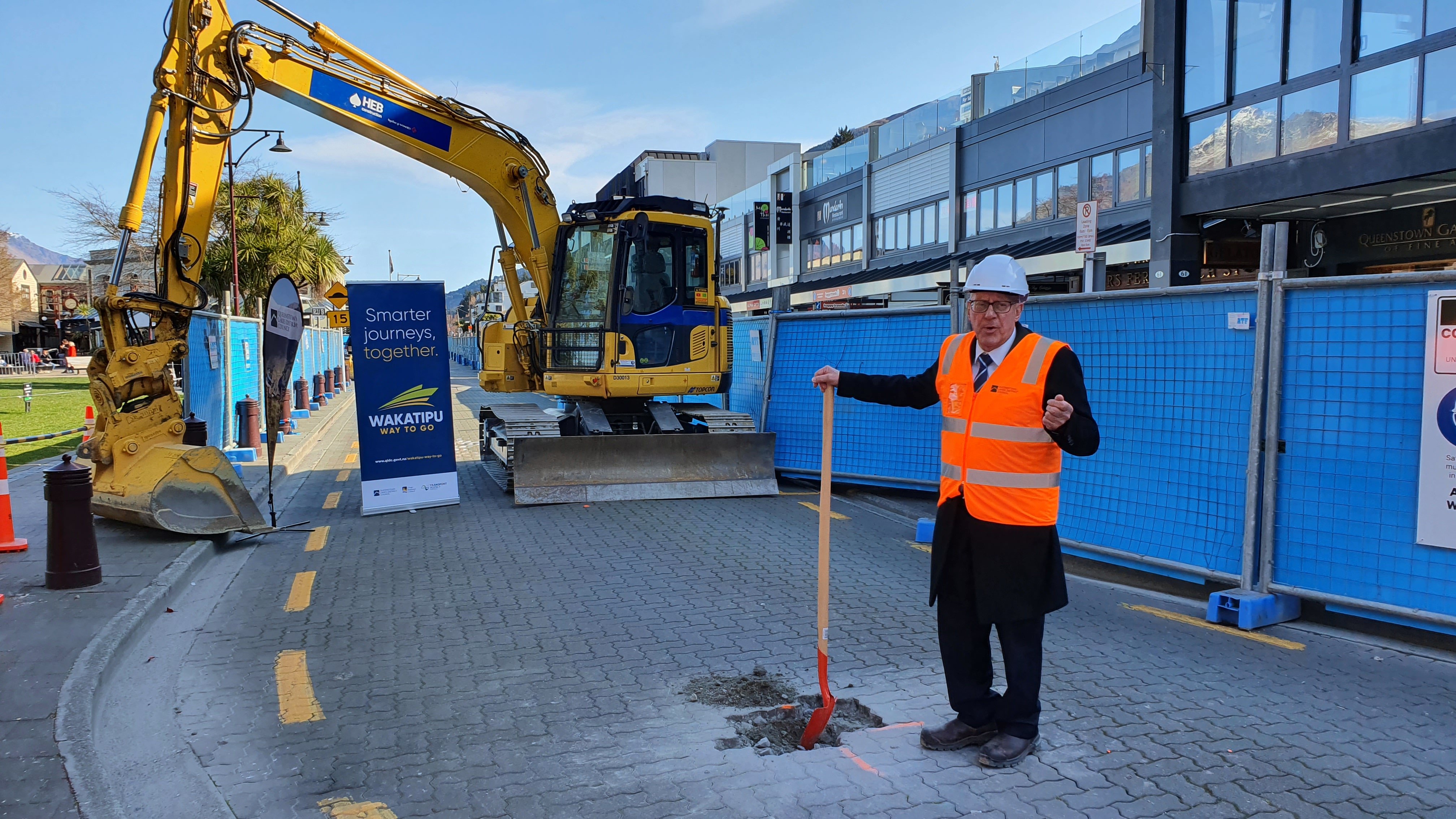 Queenstown Lakes Mayor Jim Boult puts shovel to earth yesterday when launching a major town...