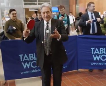 Winston Peters took to the table tennis arena to show off his skills. Photo: NZ First