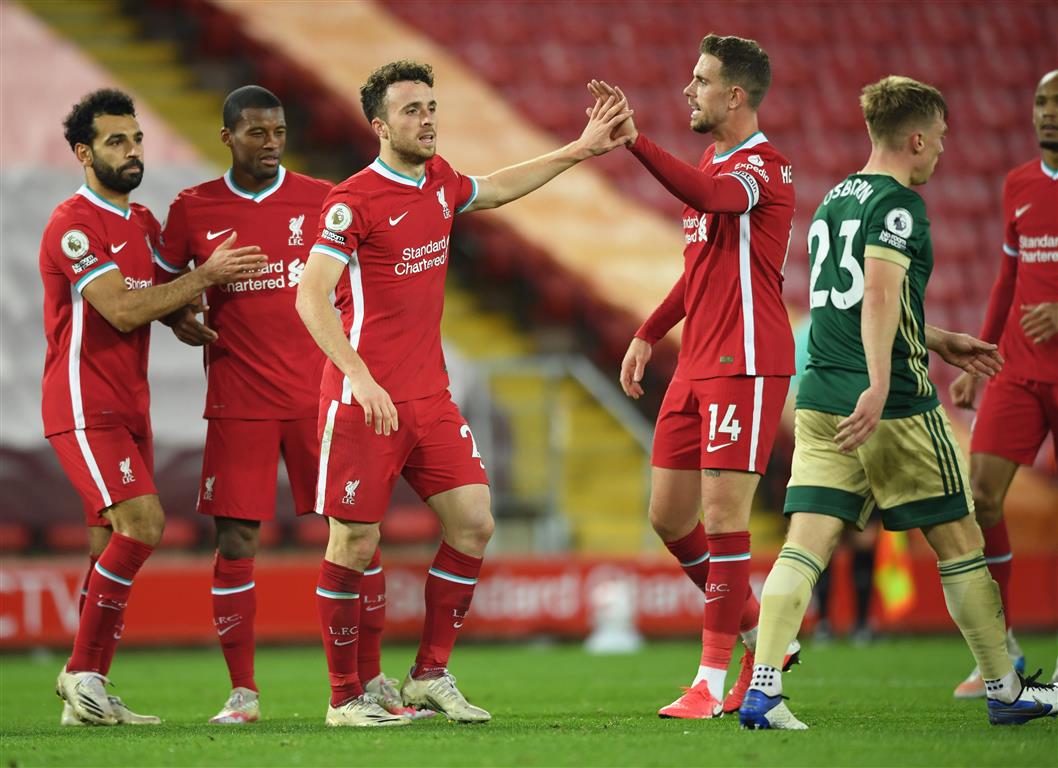 Liverpool players celebrate their second goal against Sheffield United. Photo: Reuters