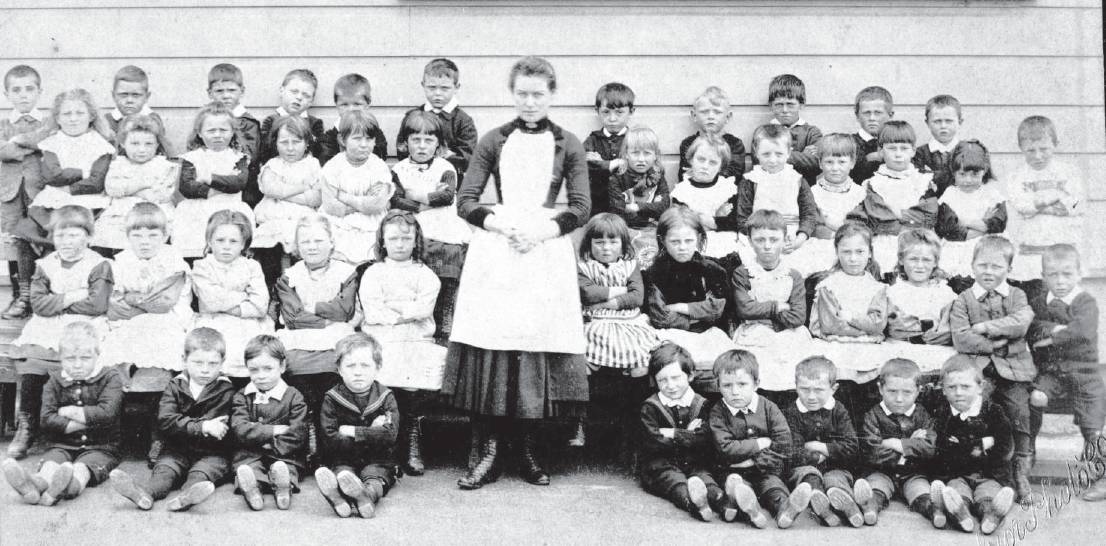 Pupils pictured outside the Arthur Street School infants’ building about 1889. PHOTO: HOCKEN...