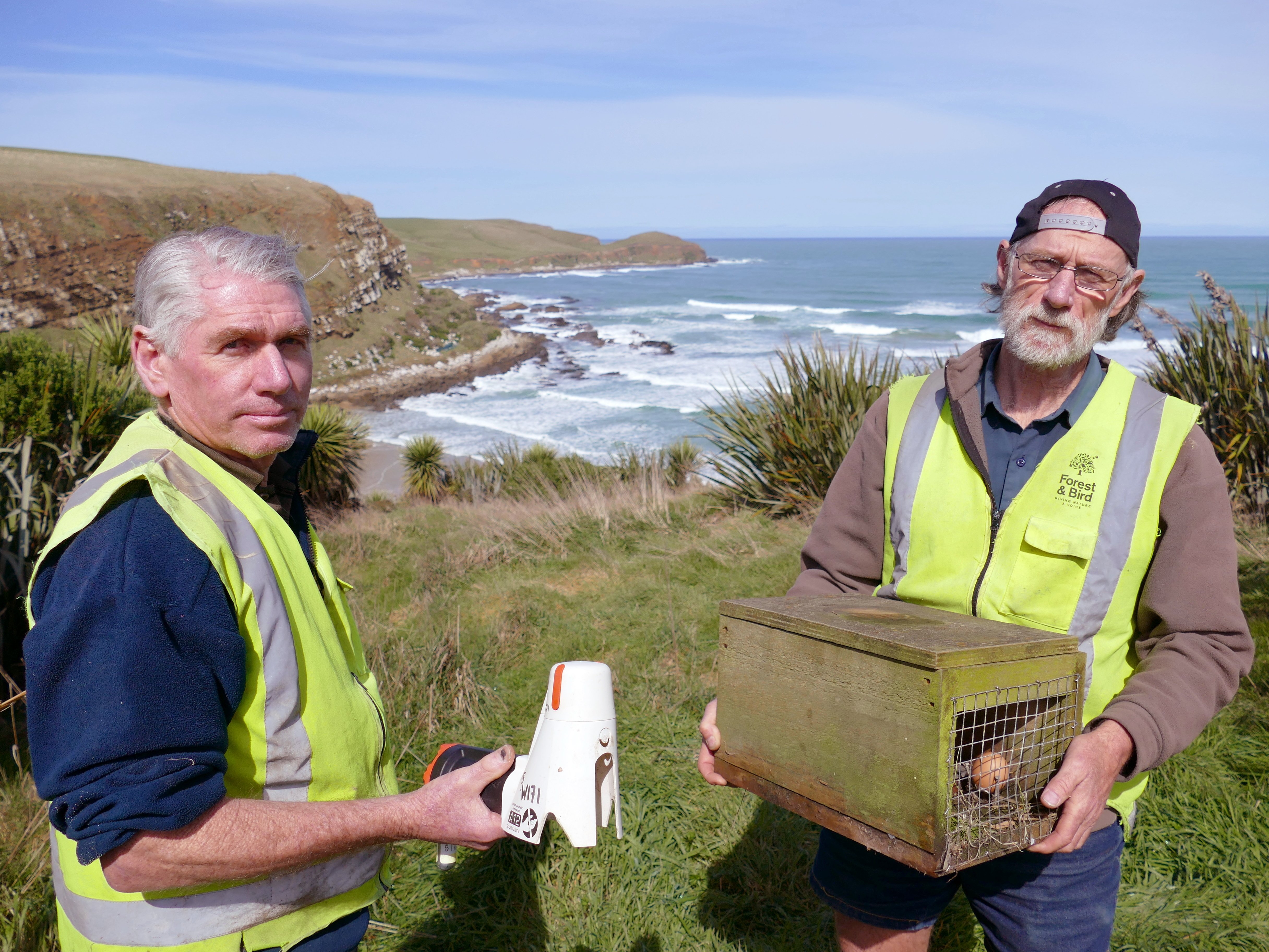 South Otago Forest & Bird yellow-eyed penguin predator trapping programme members Jim Young (left...