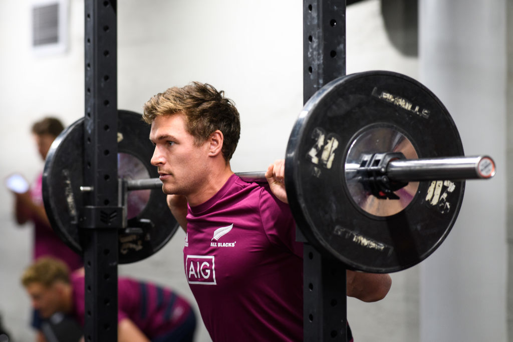 George Bridge lifts weights during a recent All Blacks gym session in Wellington. Photo: Getty 