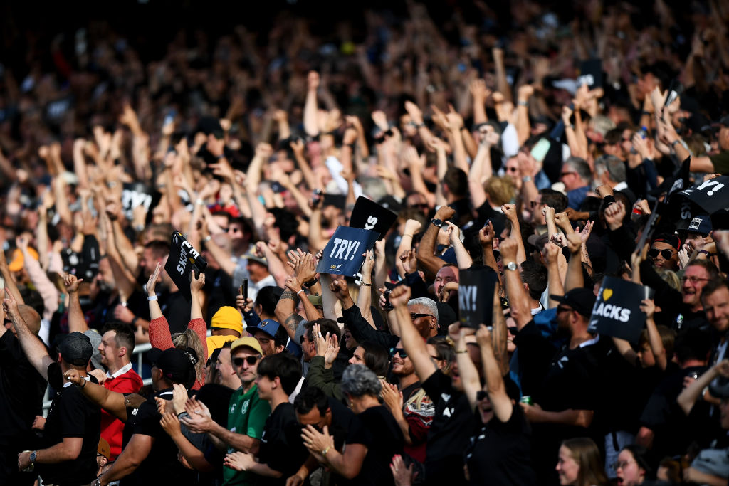 Fans celebrate during the second Bledisloe Cup match in Auckland earlier this month. Photo: Getty