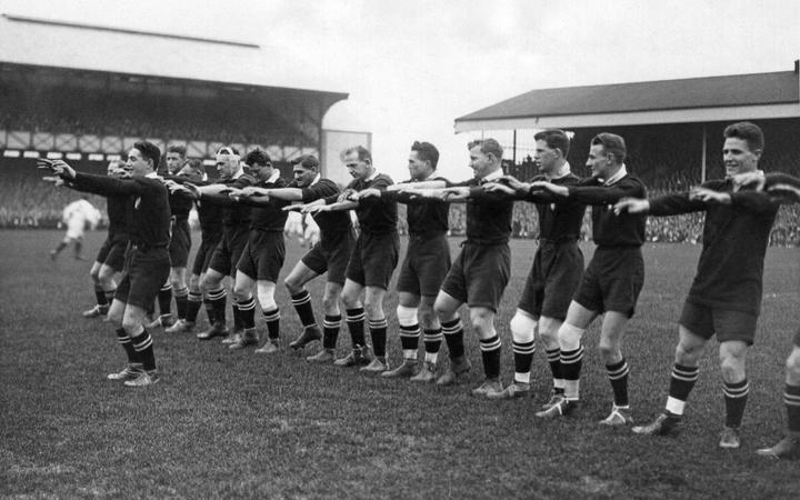 The 1924 Invincibles perform the haka at Twickenham Stadium in London. Photo: Webbs (with...