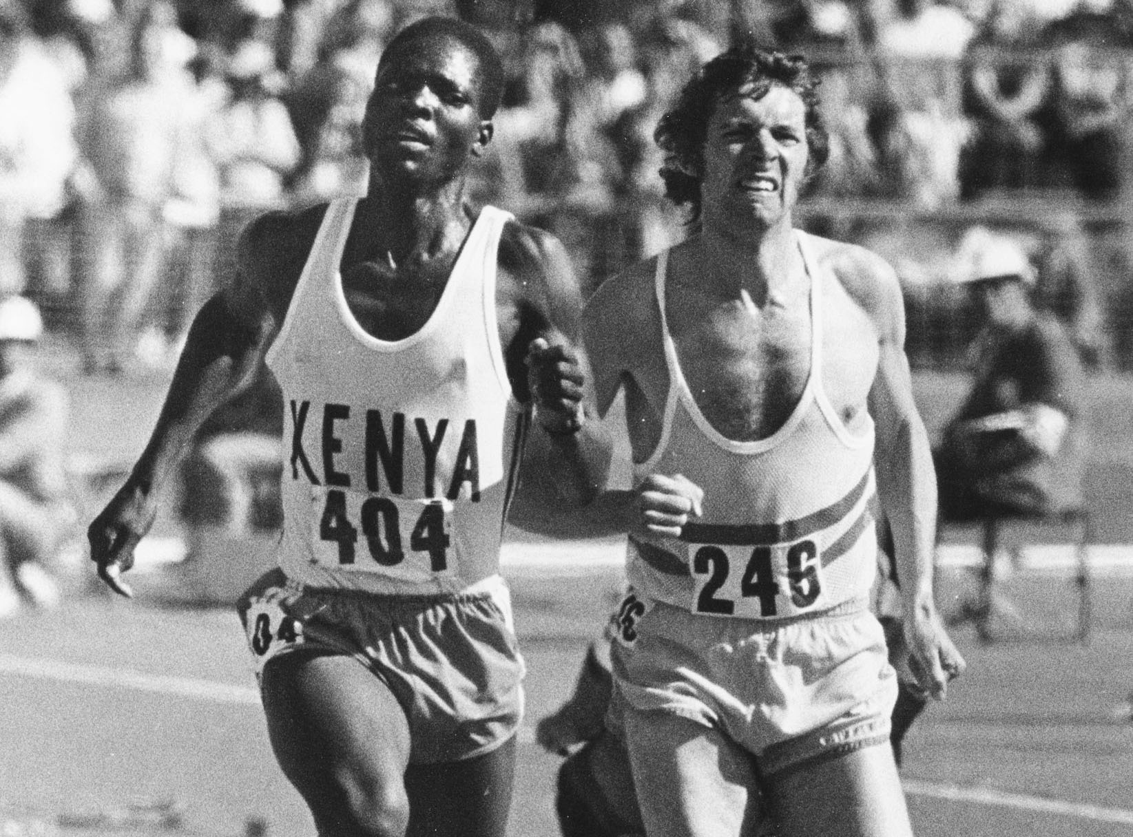 Jipcho battles it out with England's Brendan Foster in the 5000m at the 1974 Christchurch...