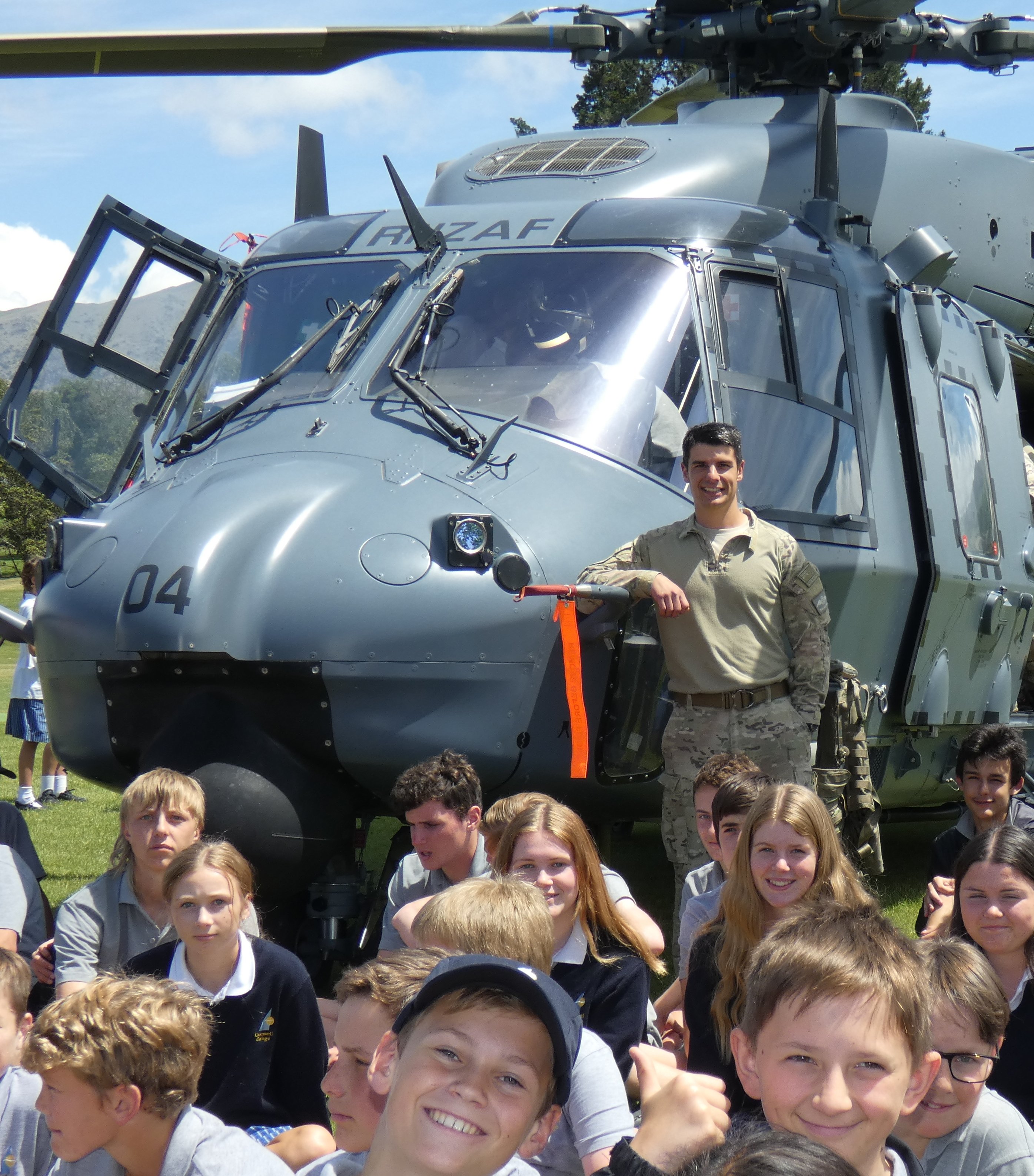 Flight Lieutenant Tom McDowell treats Cromwell College pupils to a visit by the Royal New Zealand...