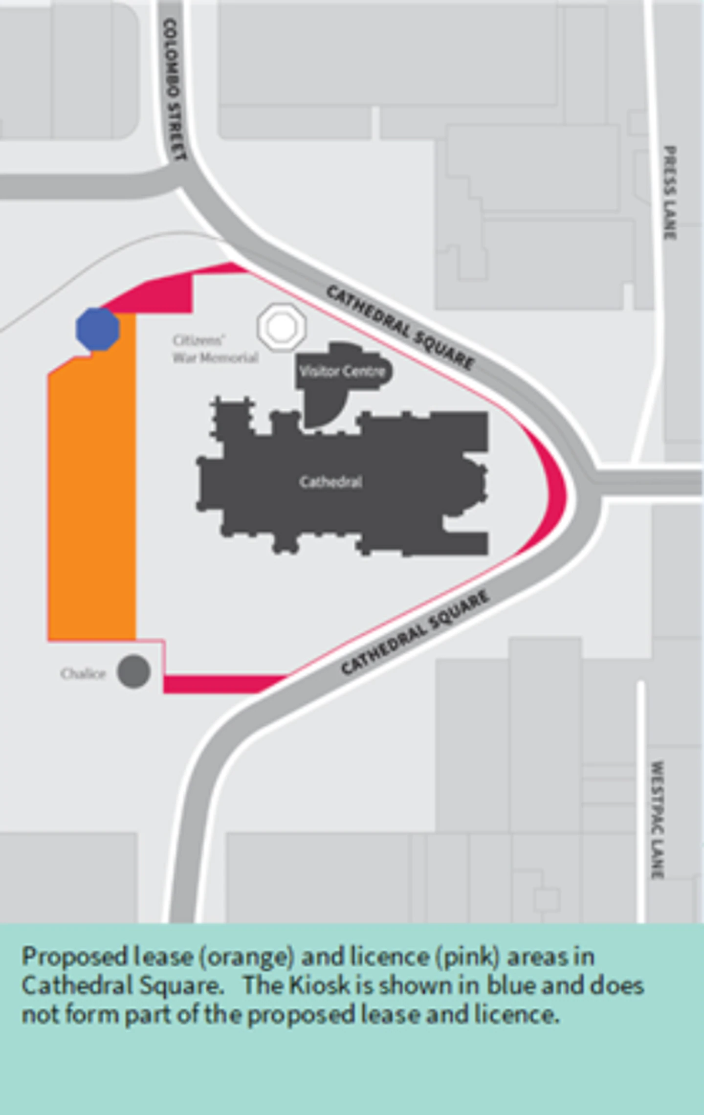 The proposed lease (orange) and license (pink) areas in Cathedral Square. Photo: Supplied