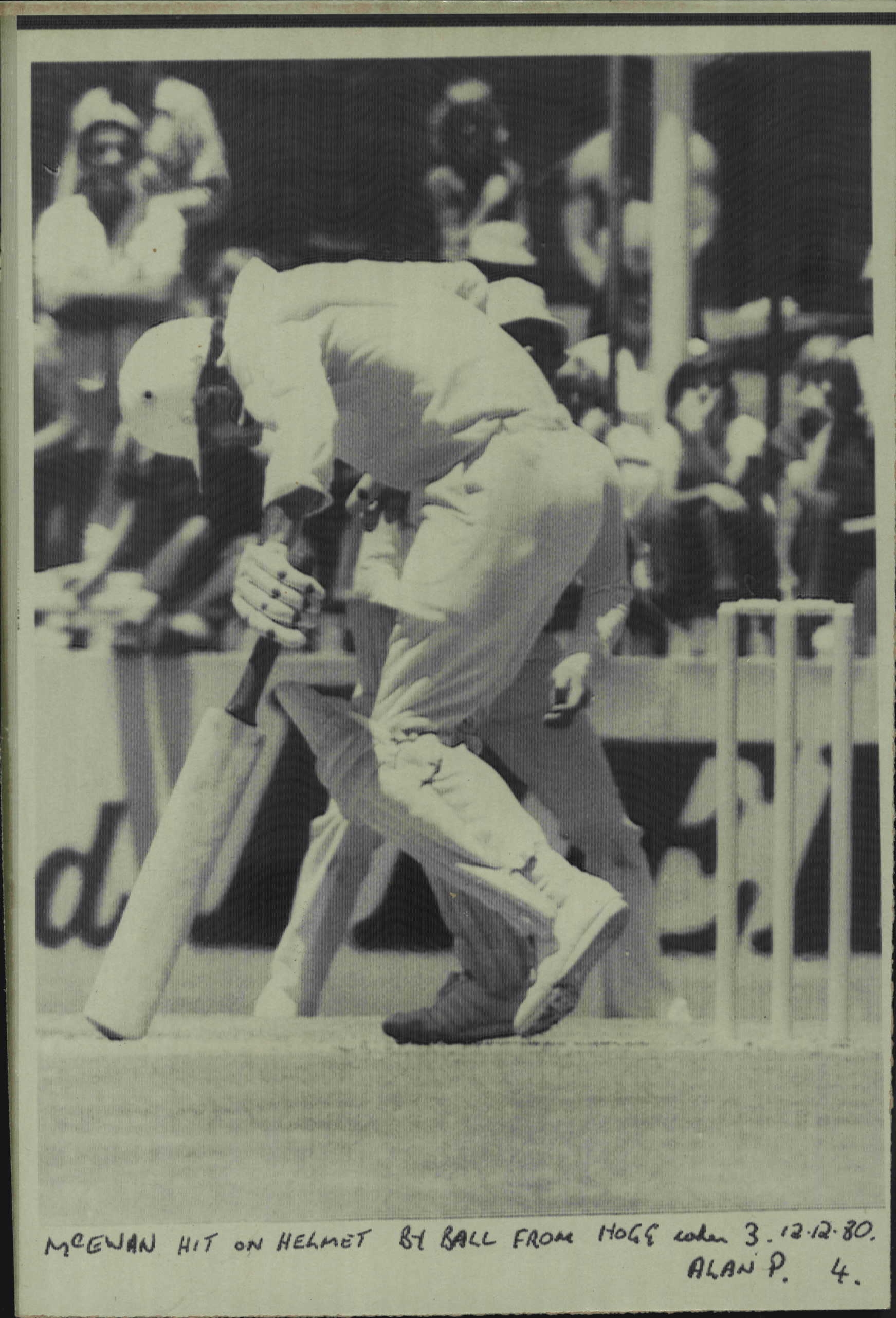 New Zealand batsman Paul McEwan is hit on the helmet by a ball from Rodney Hogg in the second...