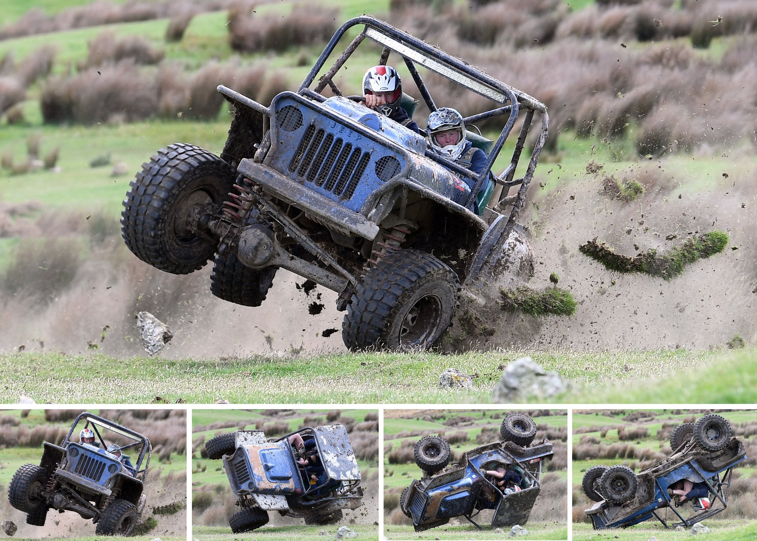 Sam Henderson (driving) and Sam Flett from Scotts Gap, near Oamaru, take a tumble during a speed...