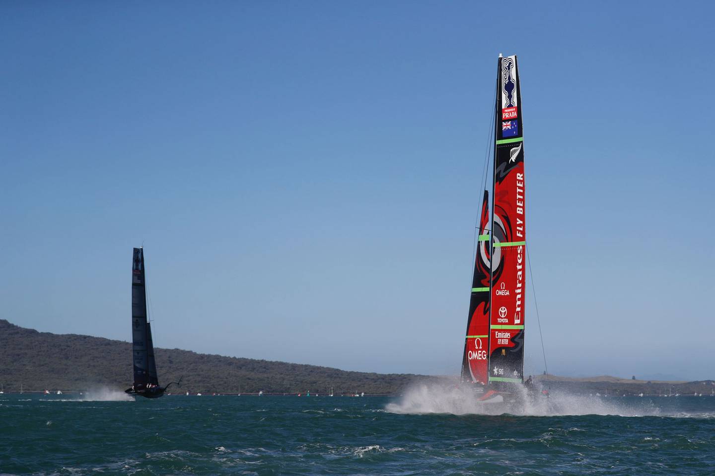 Team New Zealand trailing American Magic during the final race of the first day of the World...