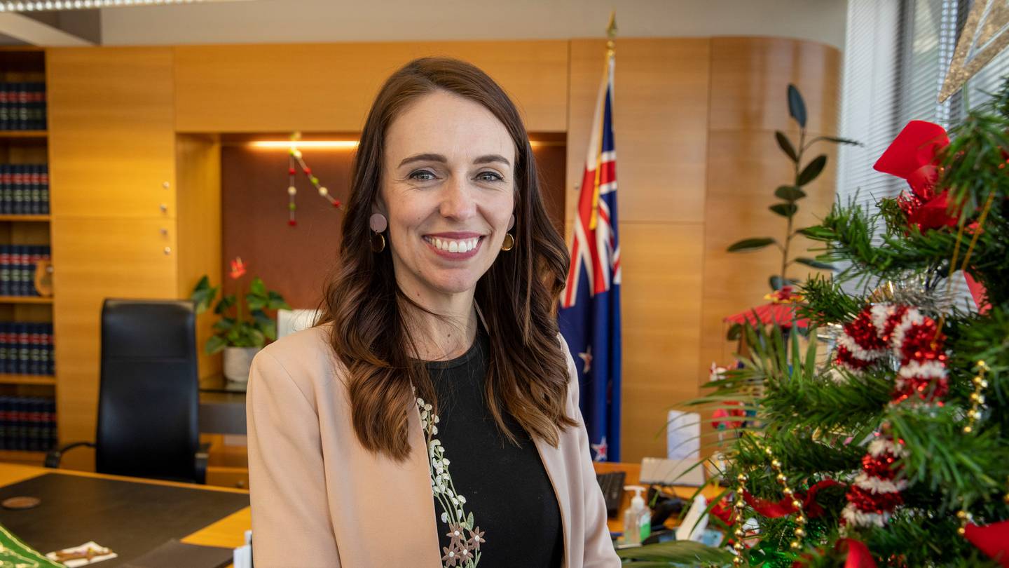 Prime Minister Jacinda Ardern in her Christmas-themed office on the Beehive's 9th floor. Photo:...