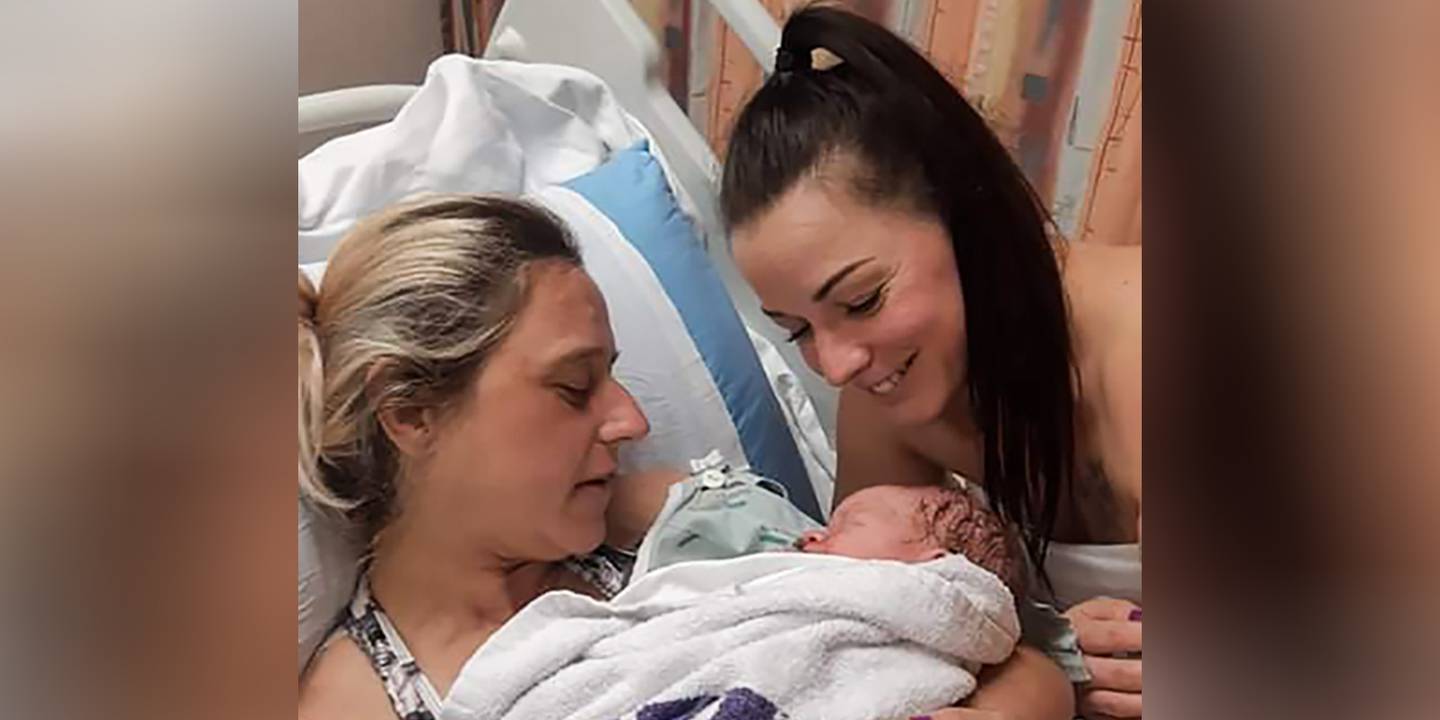 Steph Larnder with son Grayson and surrogate Janelle Freeman soon after his birth on April 1....