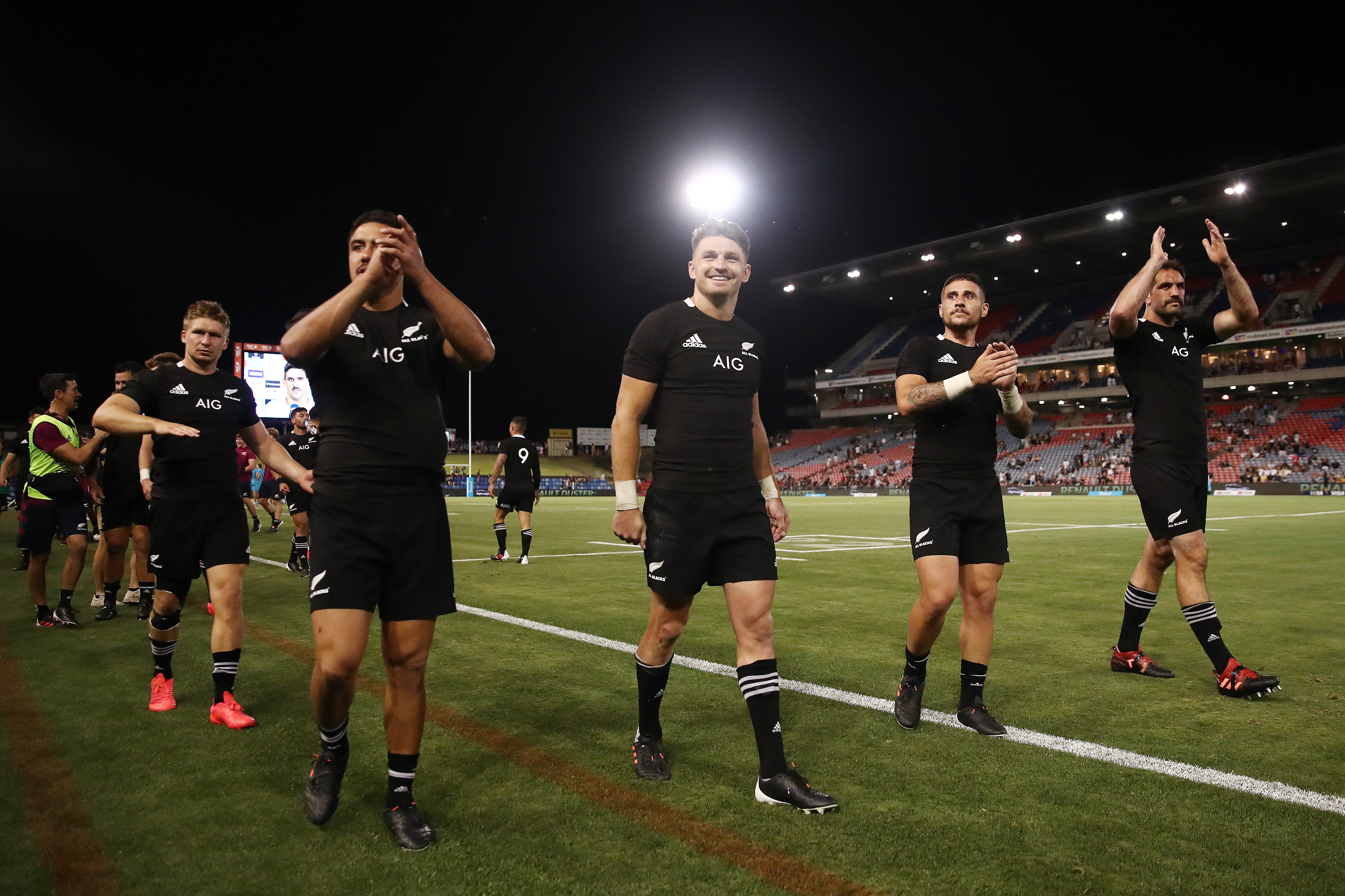 The All Blacks thank the crowd after the 38-0 win over Argentina at Newcastle on Saturday night....