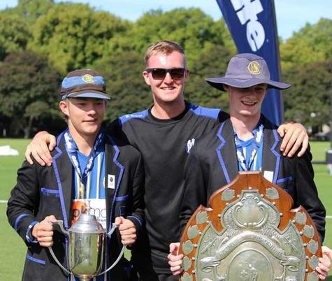 CBHS cricket coach Jack Harris flanked by Mitchell McMillan (left) and Rocco O'Loughlin, who are...