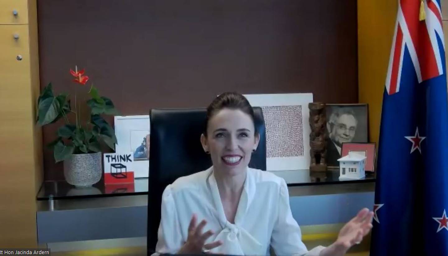 Prime Minister Jacinda Ardern joining the zoom conference for accepting the Gleitsman...