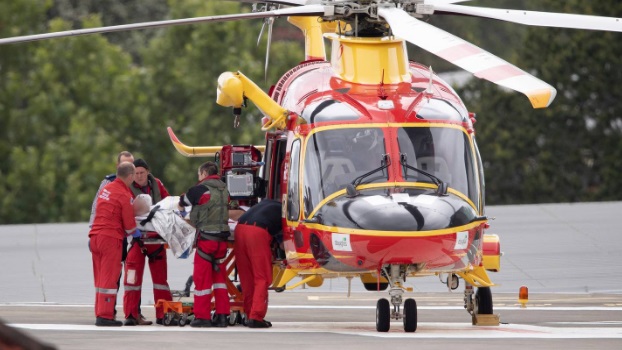 A rescue helicopter arrives at Auckland Hospital with a man who was shot by police yesterday....