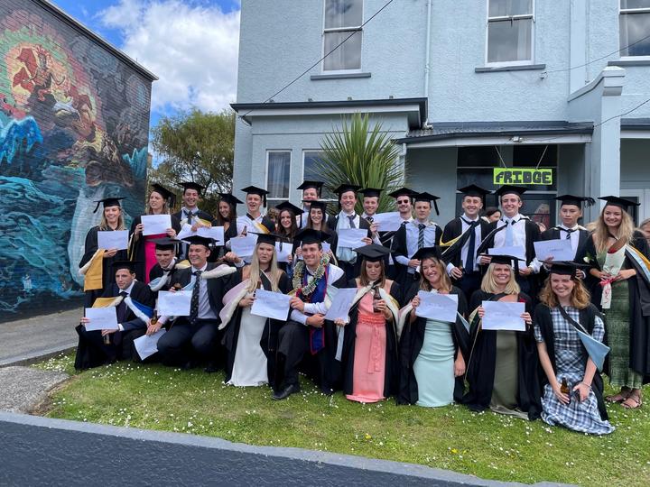 A group of students in Dunedin's Castle St managed to celebrate their graduation. Photo: Supplied...