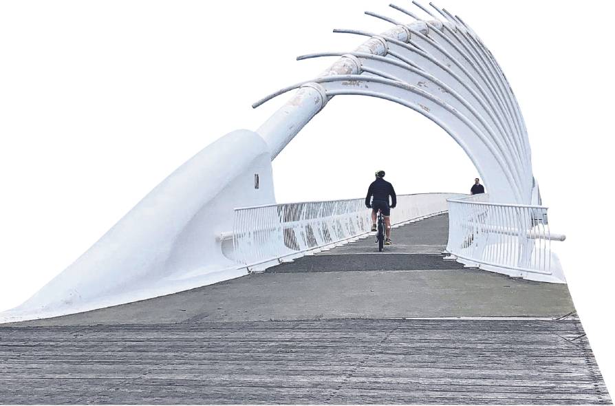 The impressive Te Rewa Rewa bridge stretches across the Waiwhakaiho River. The giant white steel...