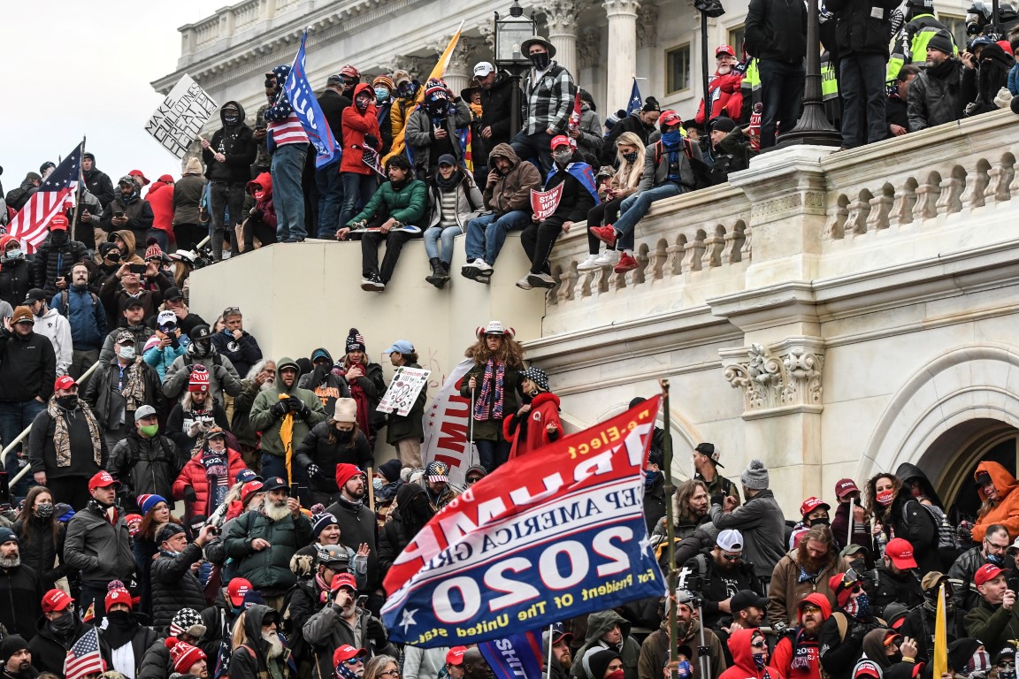 Demonstrators gather at the west entrance of the Capitol in Washington DC during the protest last...