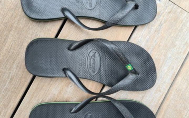 The three left-footed jandals on auction. Photo: Trade Me