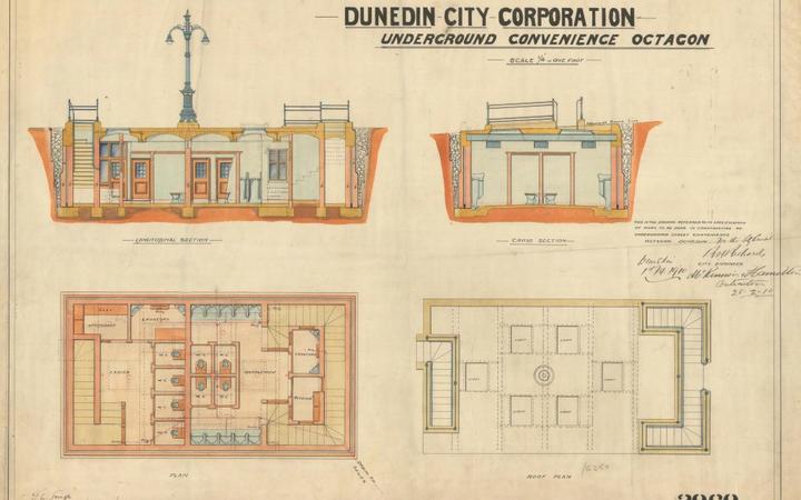 Historic watercolour plans for the underground toilets in the Octagon. Photo: Supplied / DCC