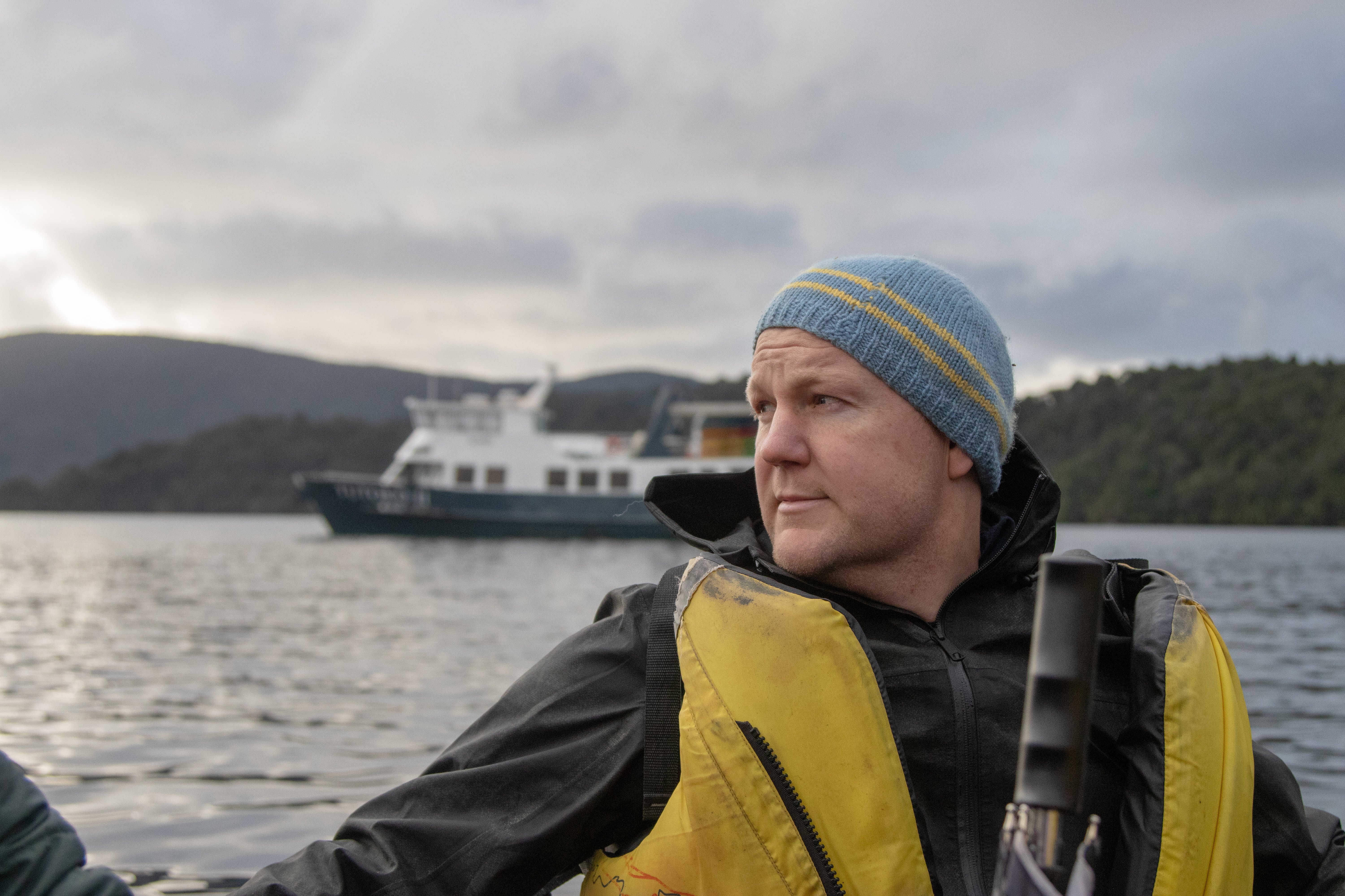 Dusky Sound expedition director William McKee approaches Mamaku Indian Island. PHOTO: CHRIS KWAK
