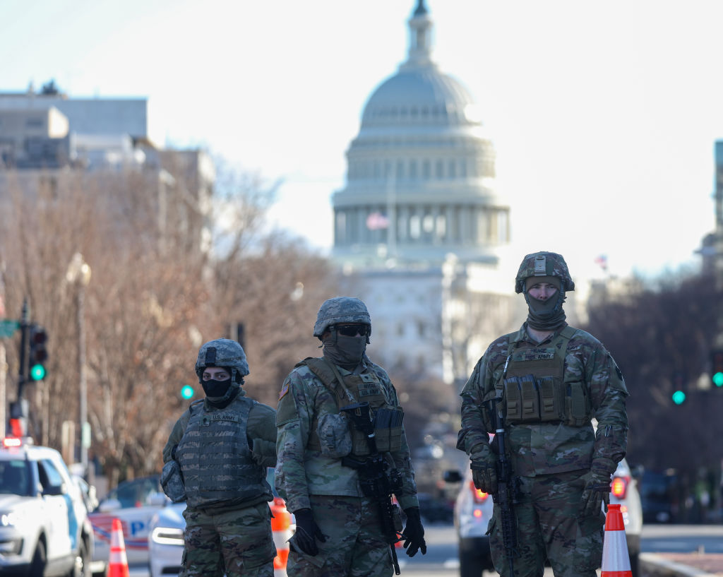 Police and National Guard soldiers near the US Capitol Building in Washington. Photo: Getty Images 