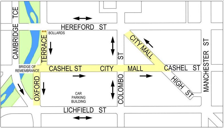 The proposed extension of the shared zone on Oxford Tce to City Mall. Image: Newsline / CCC