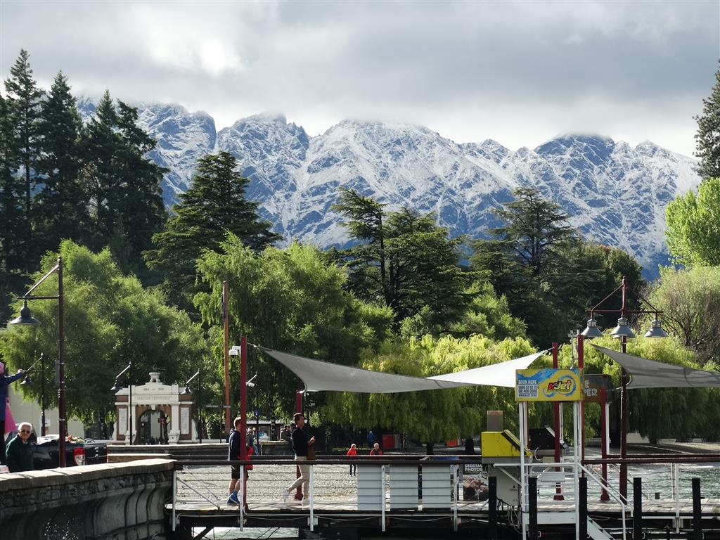 The snow-dusted Remarkables loom behind Queenstown Gardens this morning. Photo: Guy Williams