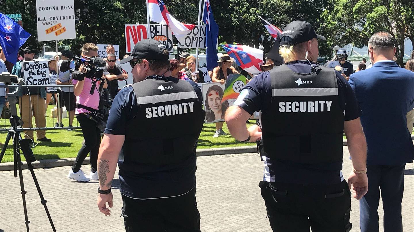 Billy Te Kahika hired his own, private security for his protest. Photo: Jason Walls / NZH