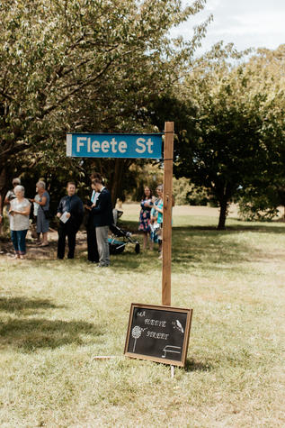 A fake Fleete St sign welcomed Katie Hantley's wedding guests to the site of her former family...