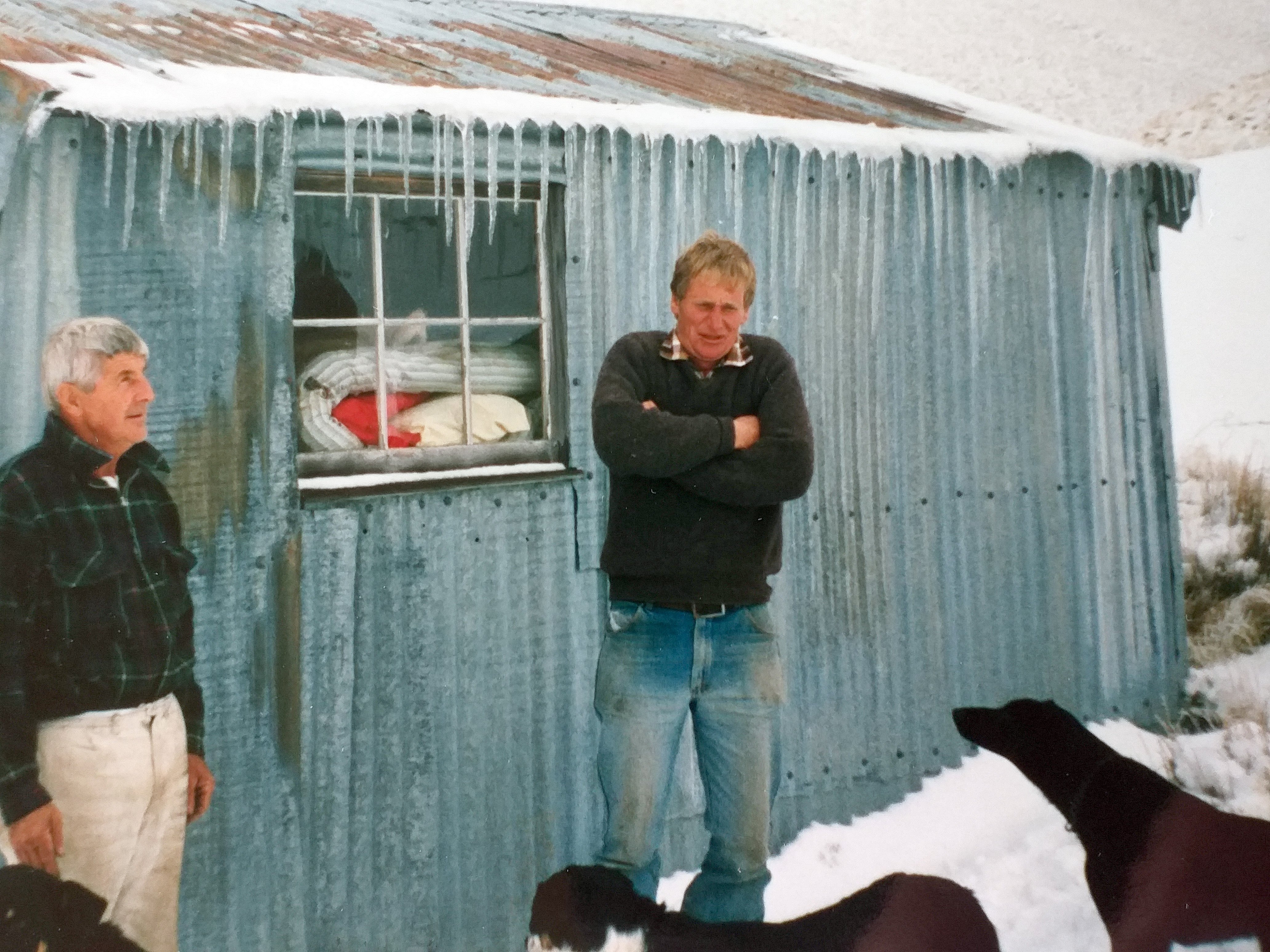 Packer Jim Tallentire (left) and musterer Tim Crutchley outside the Blue Duck hut during a...