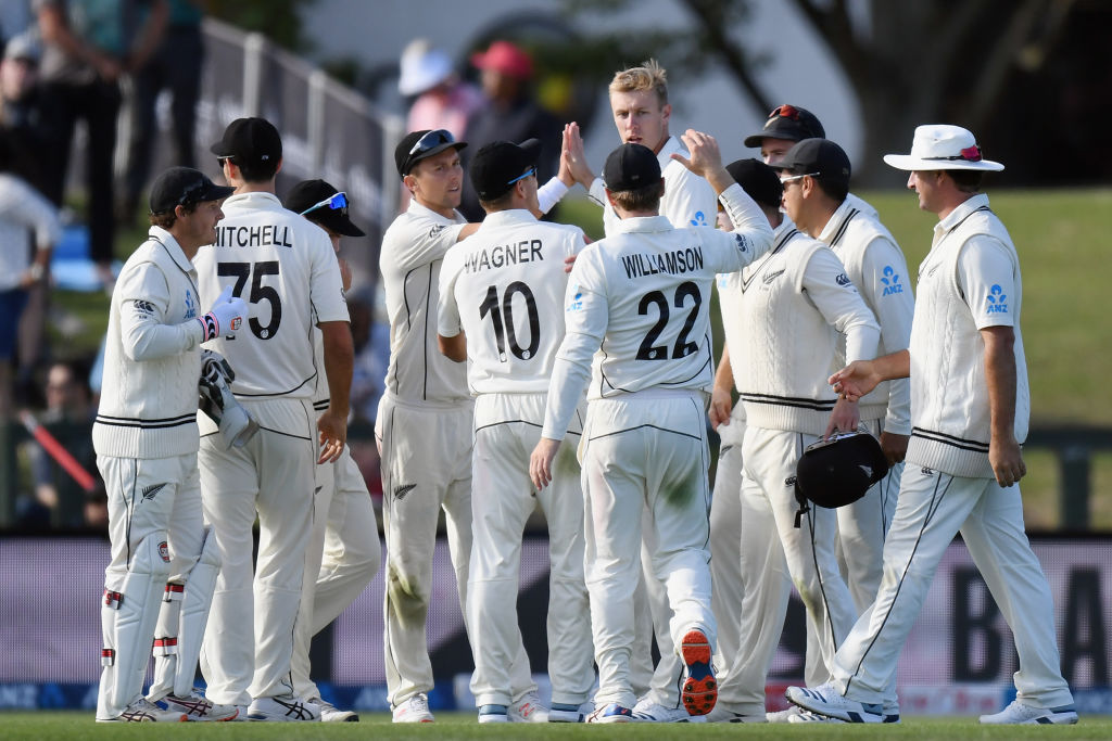 Black Caps players celebrate the taking of a wicket during their recent series against India....