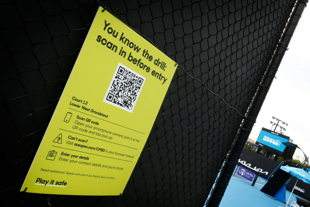 QR code signage for Covid tracing at Melbourne Park. Photo: Getty Images