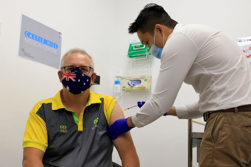 Australian Prime Minister Scott Morrison receives a Covid-19 vaccination at Castle Hill Medical...