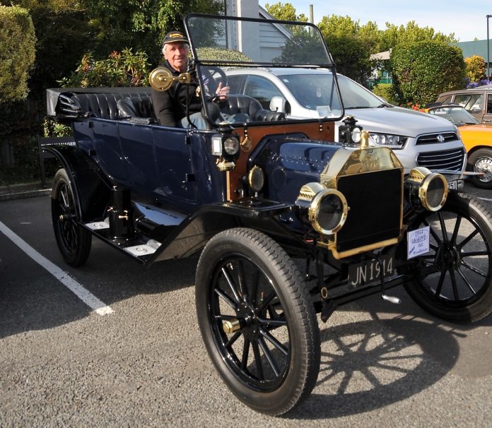 A 1914 Ford Model T with its owner, Bill Woodhouse, of Rangiora, in the Rangiora RSA car park...