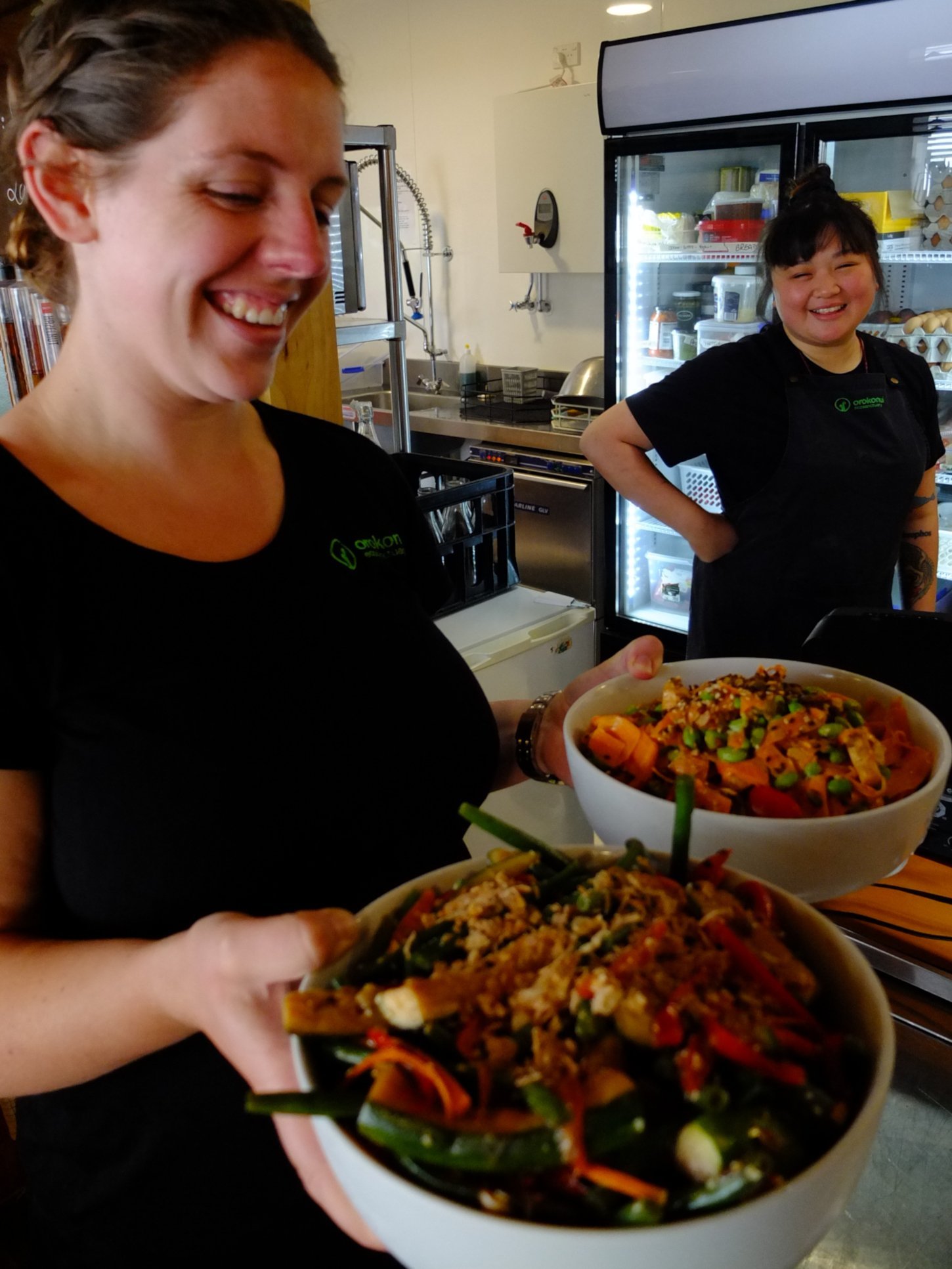 Head chef and cafe manager Louise Evans holds vegan salads at Horopito Cafe, Orokonui...