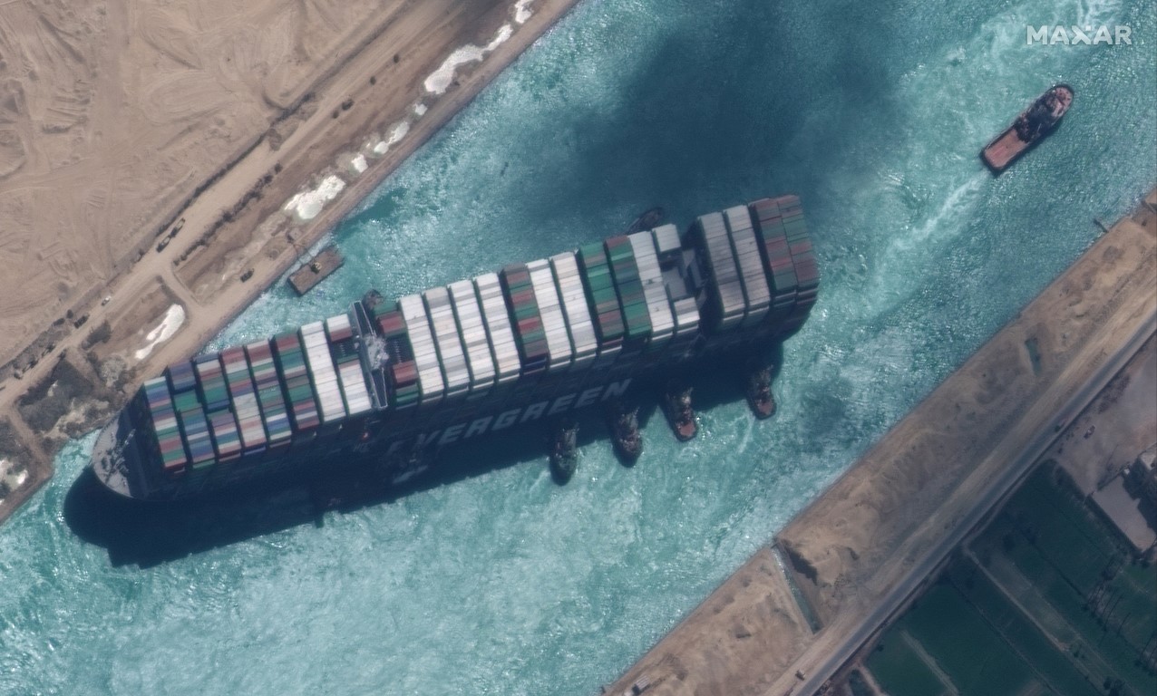 The Ever Given is seen in Suez Canal in this Maxar Technologies satellite image taken on March 29...