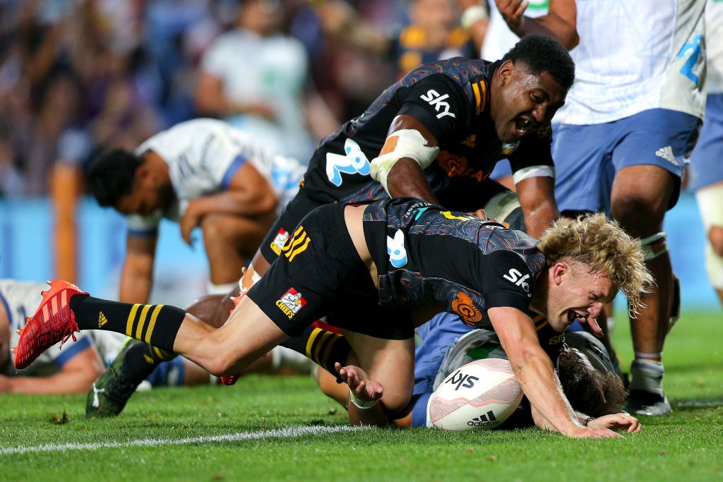 An elated Damian McKenzie after scoring the winning try for the Chiefs. Photo: Getty Images