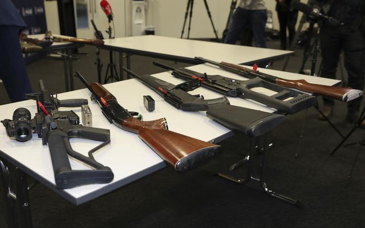 Firearms prohibited under firearm legislation on display to media at a police press conference....